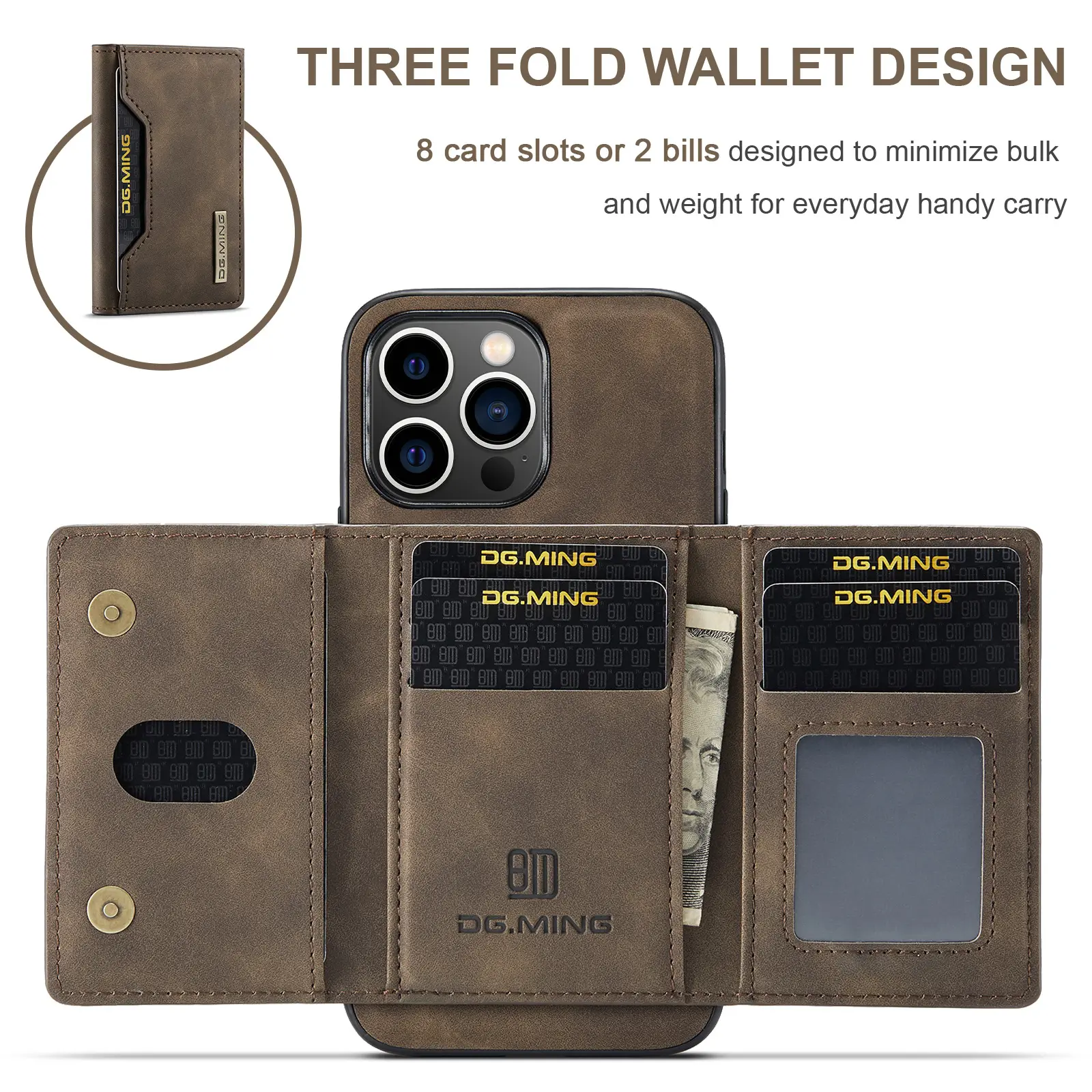 LeYi DG.Ming étui en cuir PU multifonctionnel porte-carte de crédit portefeuille magnétique couverture de téléphone pour iPhone 15 14 Pro max plus