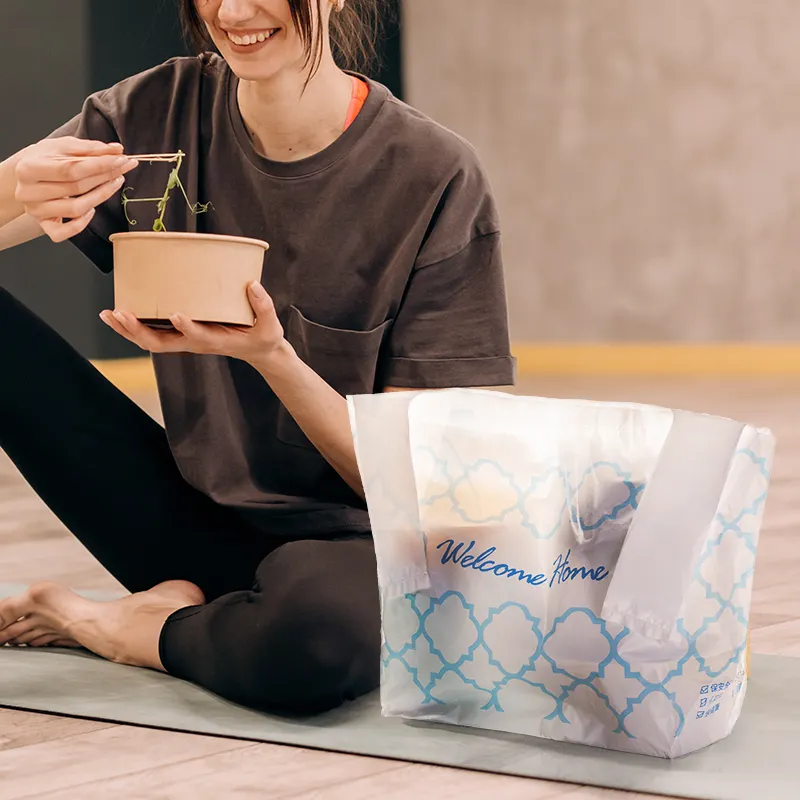 Camiseta con estampado personalizado de servicio de comida para restaurante, bolsa de plástico transparente para llevar