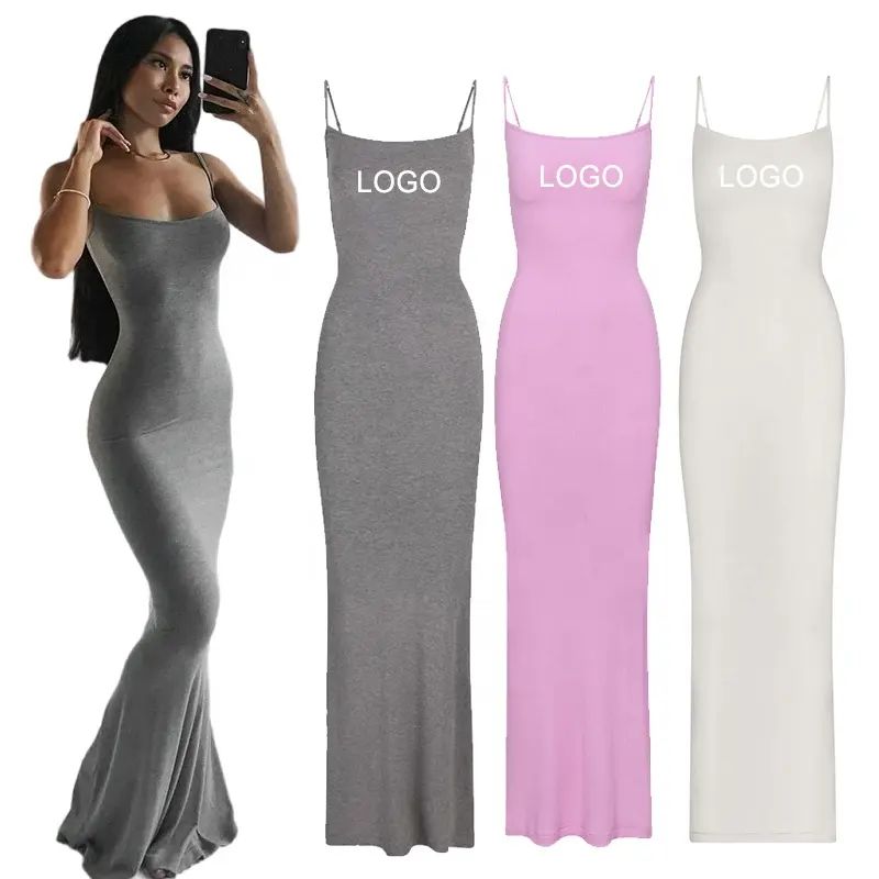 Abito kim kardashian con Logo personalizzato vestito lungo stile bodycon da donna Maxi abito basic senza maniche in spandex morbido sottoveste da salotto