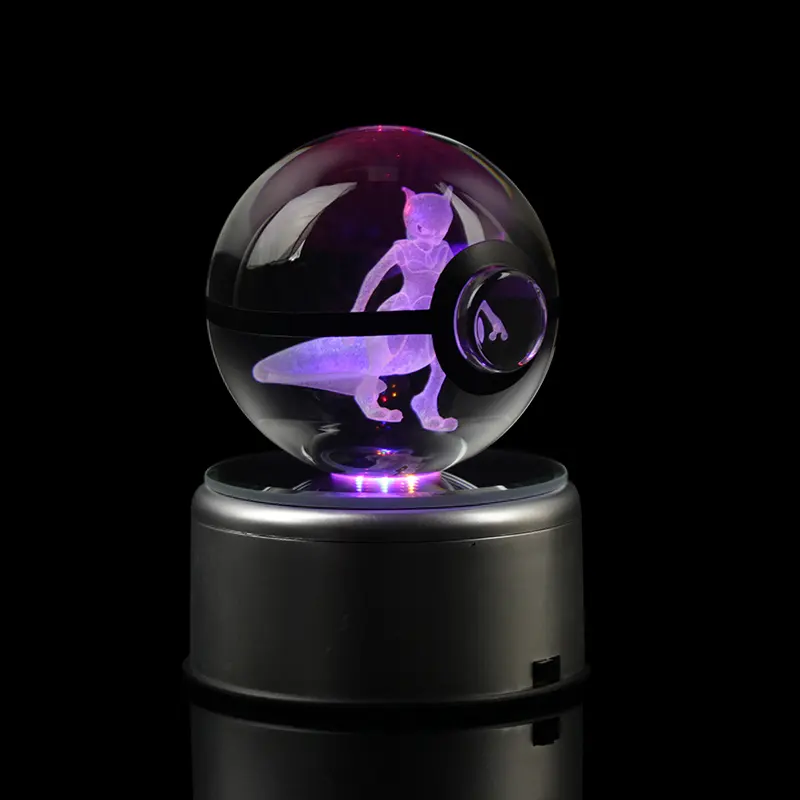 Pabrik Grosir 80Mm Bola Kristal Luk Kustom 3D Laser Terukir Gengar Kaca Kristal Poke Ball Set dengan Dasar Lampu LED