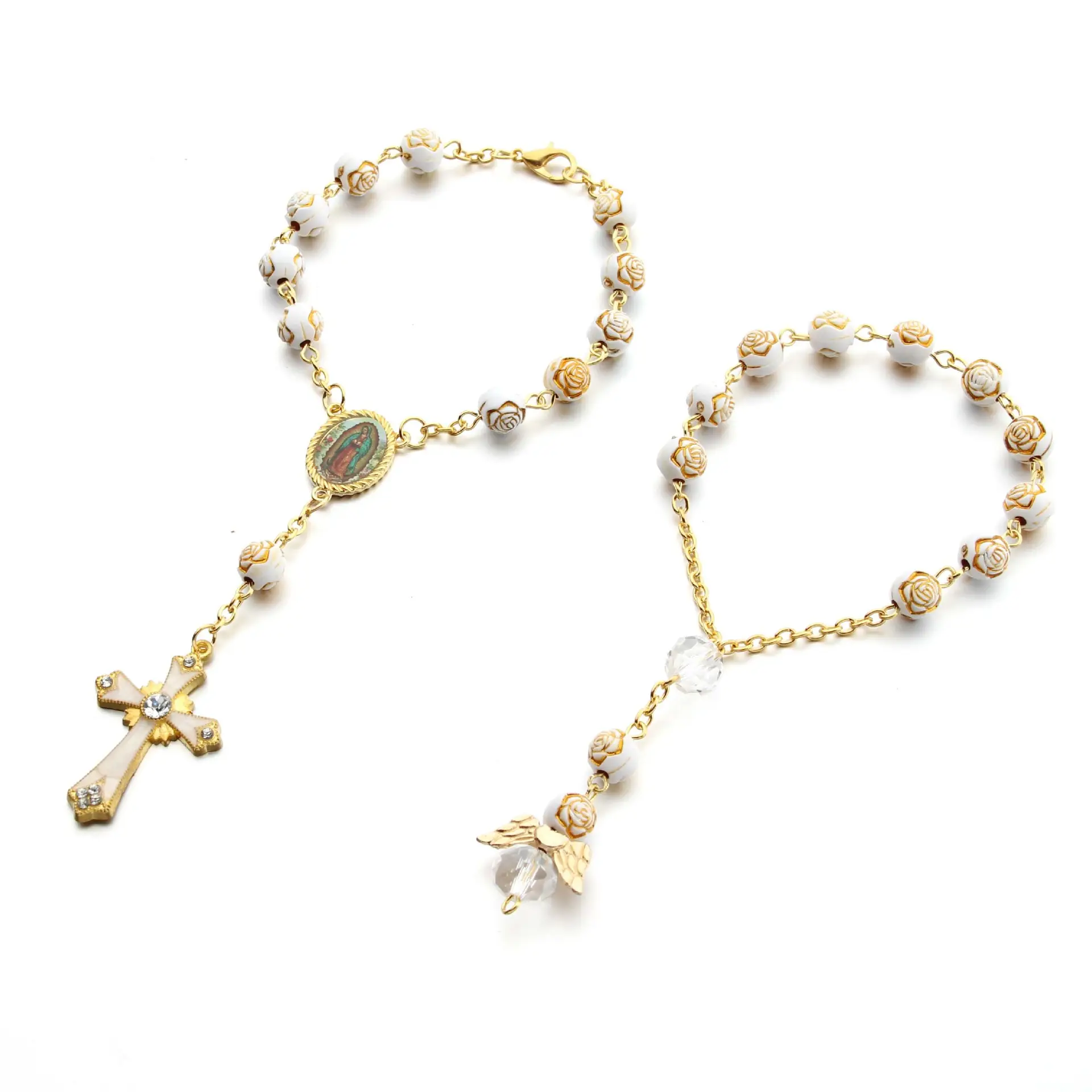 Bracciale donna con perline religioso cristiano squisito acrilico oro croce fiore croce angelo ciondolo cuore per bracciale rosario