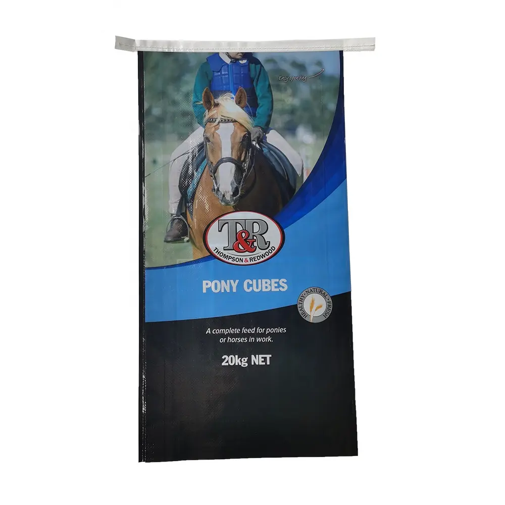 Sac tissé en PP Sac d'alimentation pour chevaux PET Bord en forme de M personnalisé BOPP Gravure Impression 25kg 50kg Agriculture Étanche à l'humidité Accepter