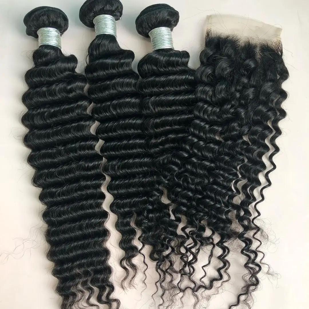 אור שמש 100% שיער טבעי פרואני שיער 28 32 30 inch עמוק גל חבילות עם סגירת 10a עמוק גל חבילות באיכות גבוהה