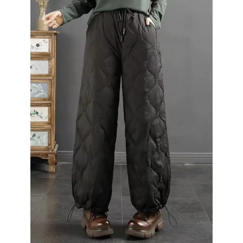 Özel kış pantolon erkekler ve kadınlar boy geniş bacak kapitone pantolon elastik bel İpli rahat pantolon