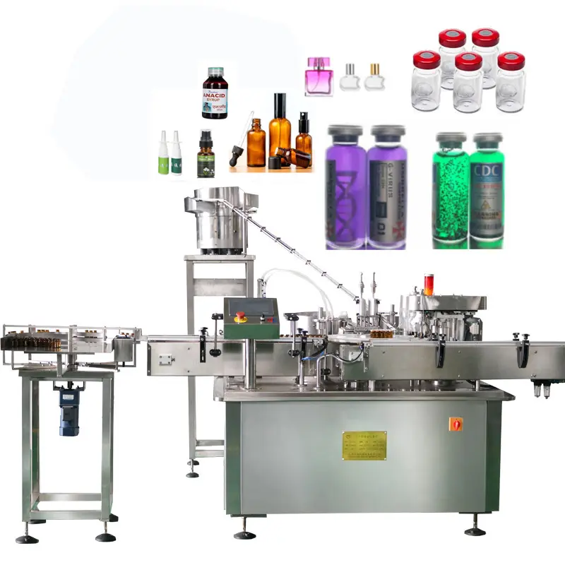 Máquina de llenado de botellas pequeñas con cinta transportadora para Perfume, aceite esencial líquido Oral automático, Vial de vidrio solvente, 6 cabezales