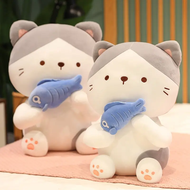 Almohadas de felpa suaves en forma de gato, juguete de peluche de Animal de dibujos animados, Gato bonito con pez