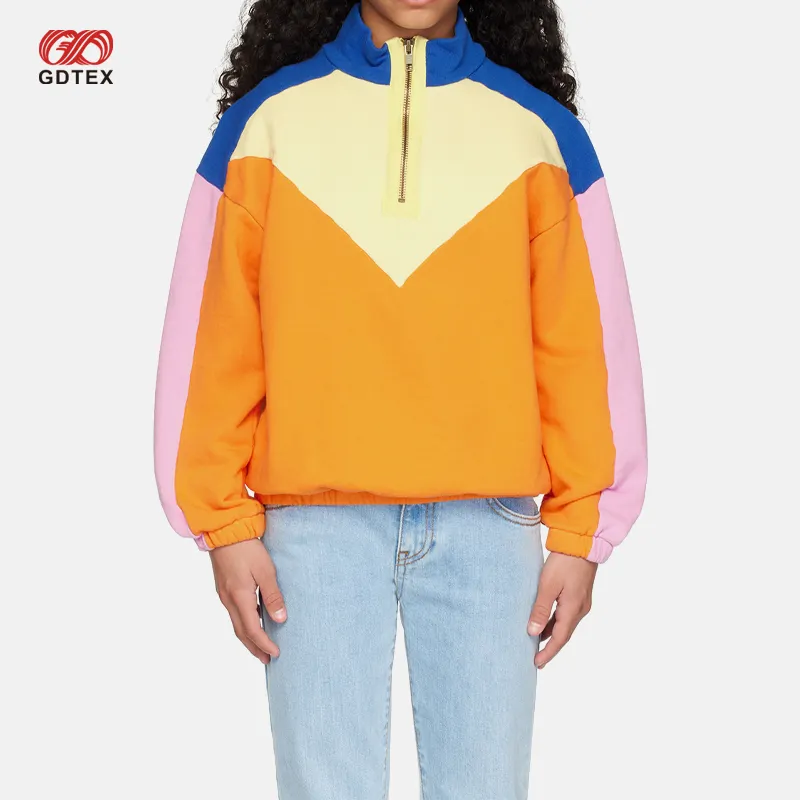 Gdtex Custom Vintage Franse Terry Drop Shoulder Multicolor Color Blok Halve Ritssluiting Opstaande Kraag Sweatsuit Kid Sweatshirt