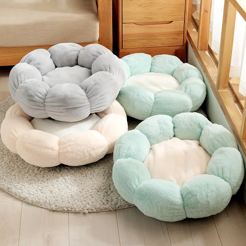 2022 High Quality Plush Pink Green Gray Round Flower Shape Removable Soft Cat Bed Fluffy Pet Bed
