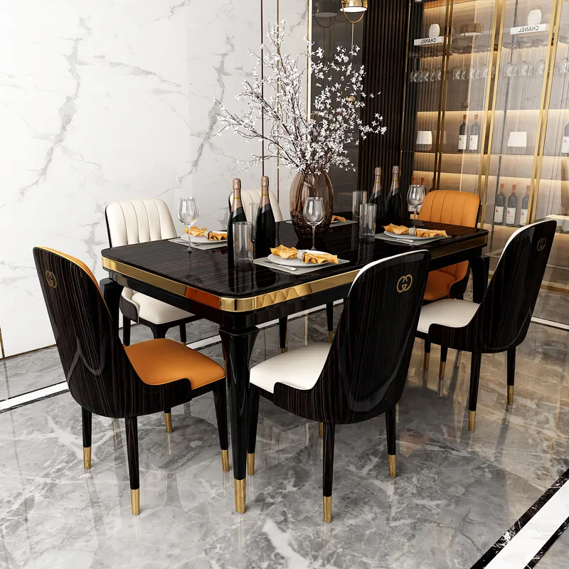 Jeu de chaises en cuir de luxe 1 + 6 tables à manger en bois massif, pierre de marbre blanc, ensembles de 6 chaises