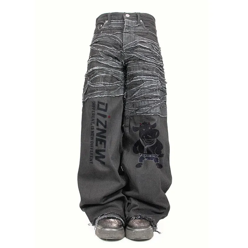 DIZNEW alta calidad personalizado de gran tamaño parche negro bordado Denim jeans American nuevos pantalones para hombres