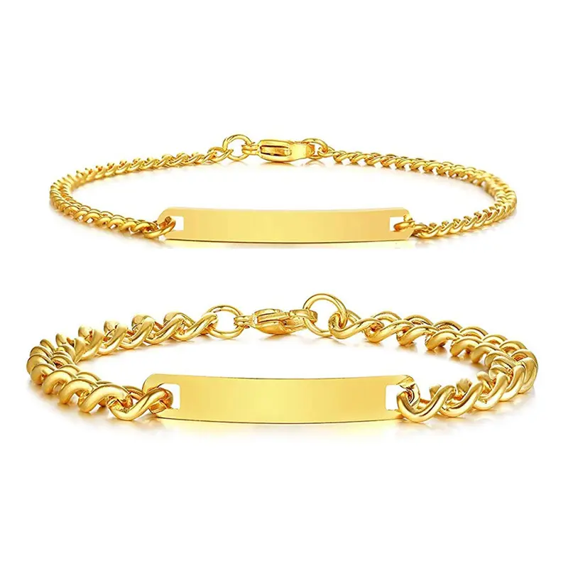 Pulsera ajustable con grabado de estilo coreano para niñas, brazalete de acero inoxidable dorado con nombre y barra