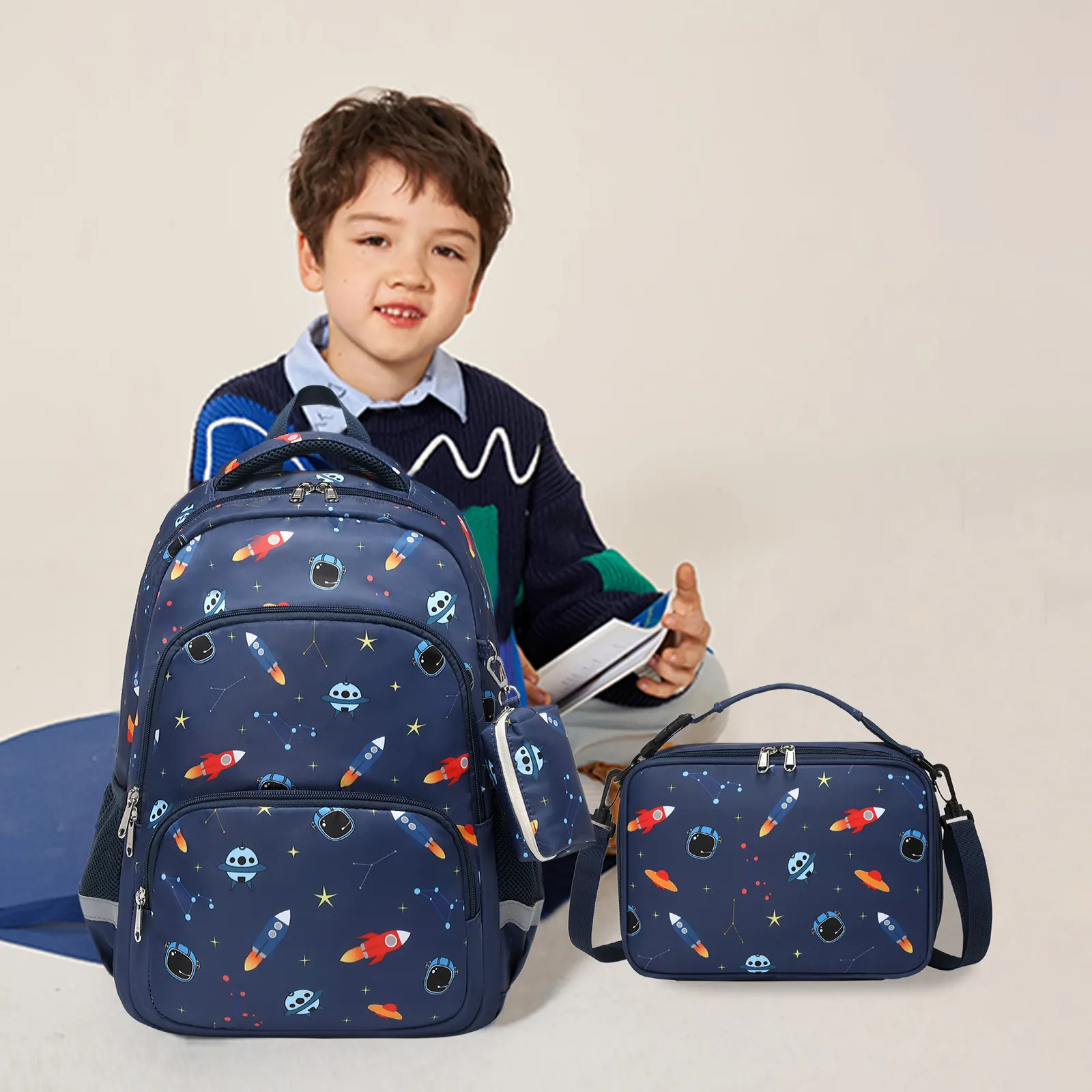 Mochila personalizada a prueba de agua con estampado de dibujos animados para niños, bolso escolar, mochila espacial, conjunto de bolsas de almuerzo para niños, bolsa de viaje para libros