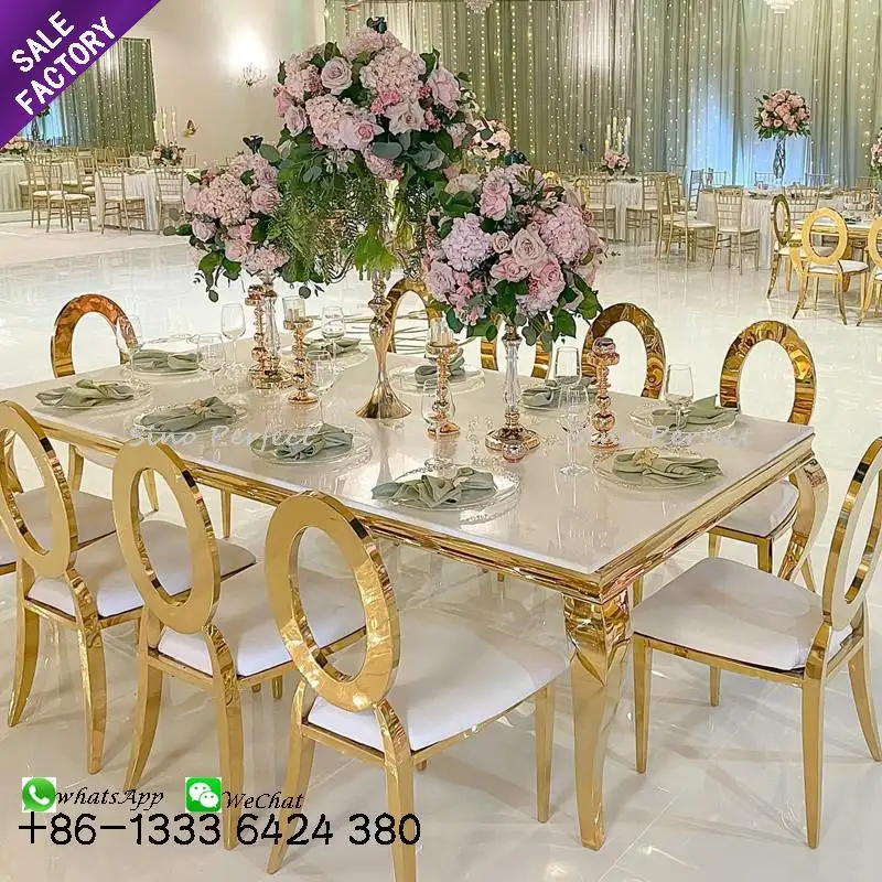 Precio barato Rectángulo Oro Blanco Mesa superior Silla con respaldo ovalado vacío Último diseño Conjunto de muebles para fiesta de boda