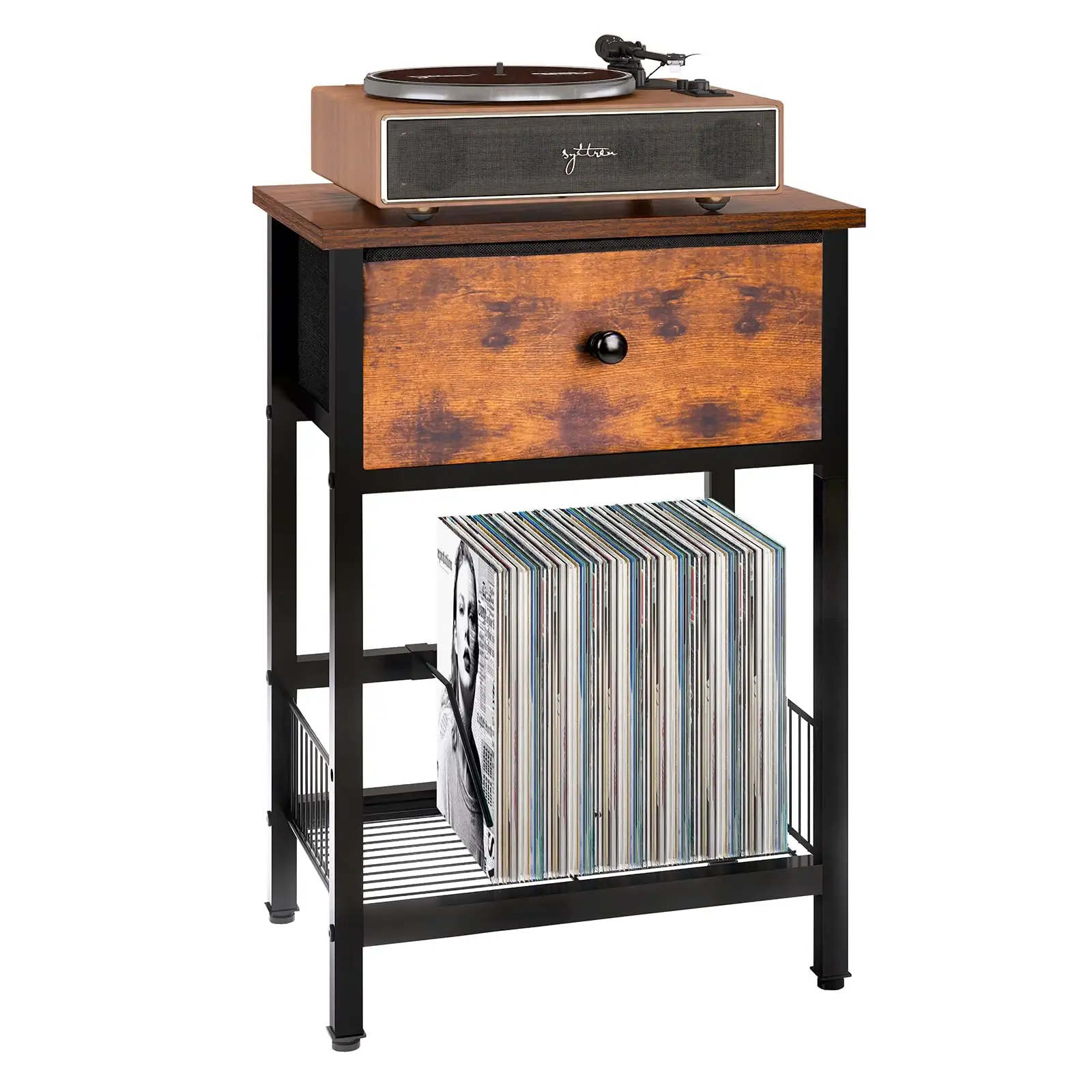 Plattenspieler-Ständer mit Vinyl-Aufbewahrung 2-stufiger Nachttisch mit Schublade Industrielle kleine Beistell tische für kleine Räume