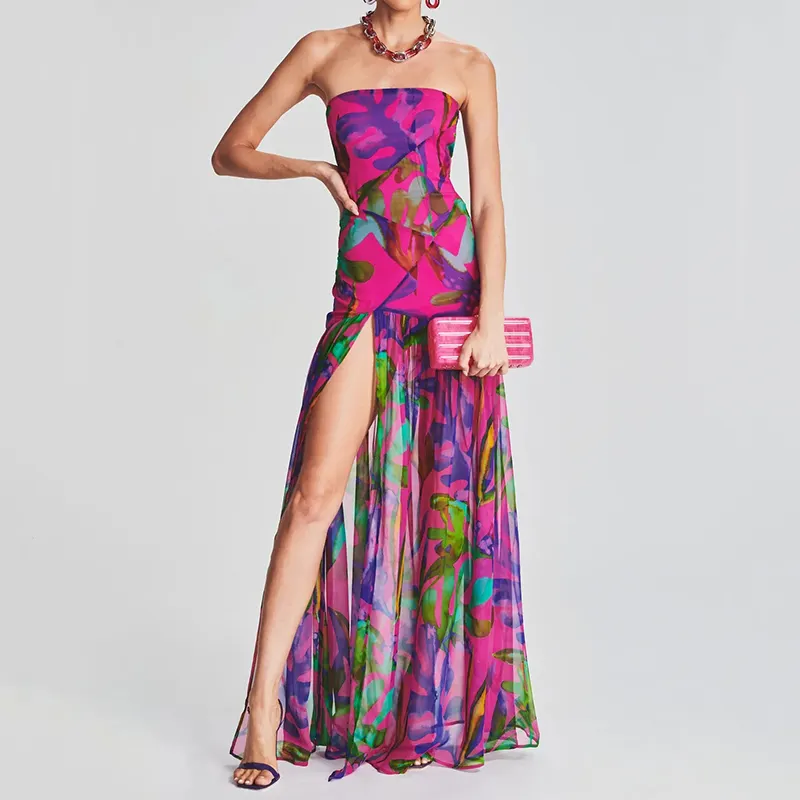 Abito lungo romantico senza spalline con stampa foglia tropicale abito in Chiffon di seta con spacco alto sulla coscia per le vacanze serali della festa