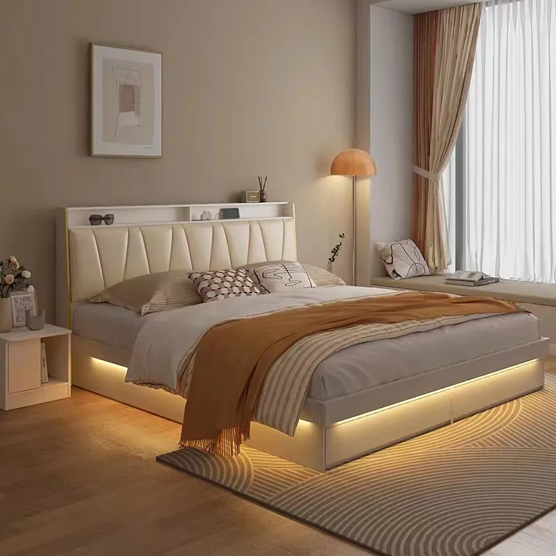 Luz lateral china de Mdf con Usb, muebles modernos de madera blanca para dormitorio y dormitorio, conjunto de habitación, marco de tamaño completo, cama doble
