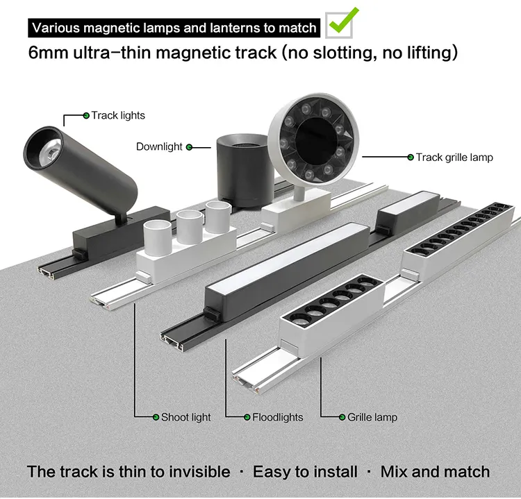 DGLUX Ultra Mince Urface Montage Suspension Type Intégré Linéaire Dc48v Lumières Magnétiques En Aluminium Noir Led Magnétique Piste Lumière