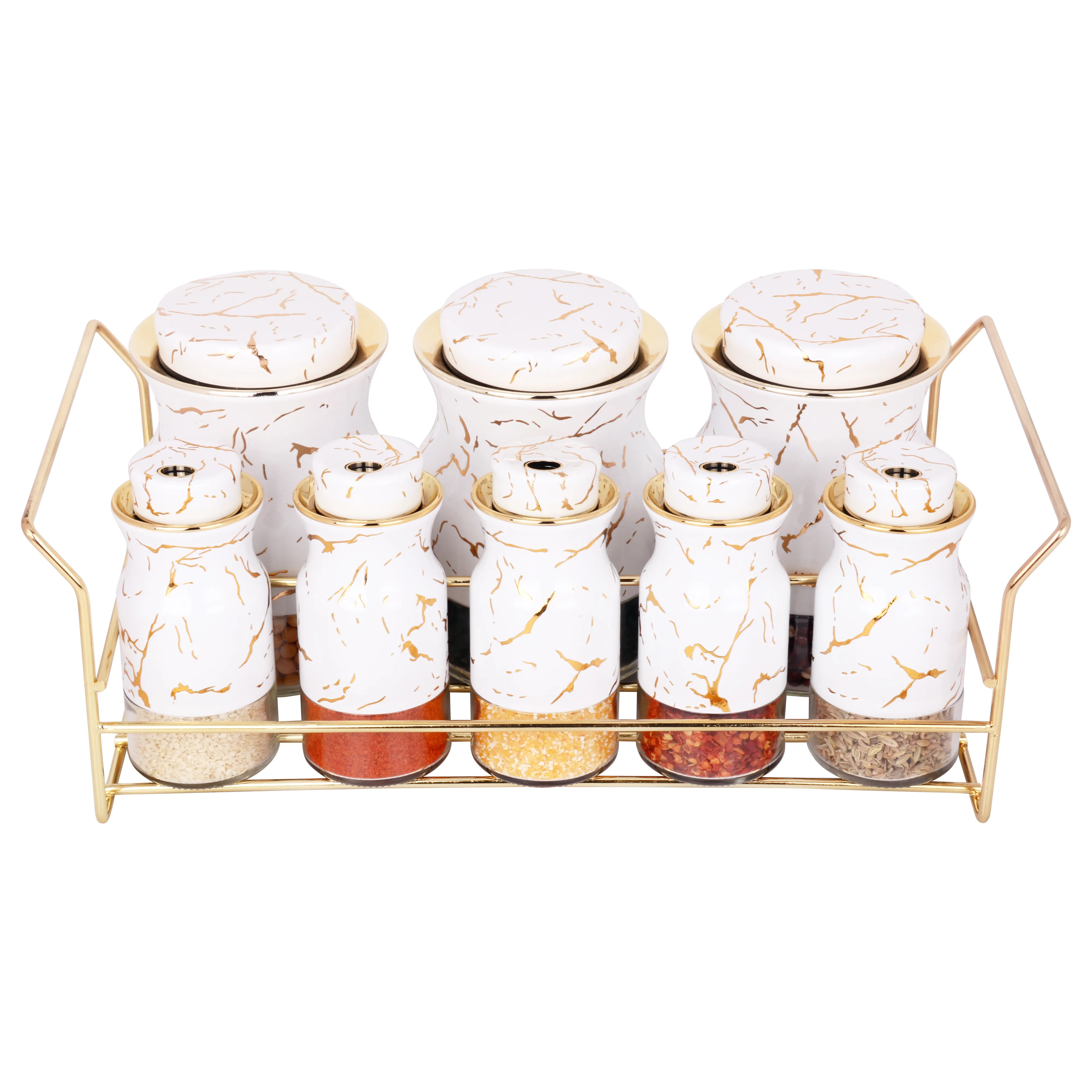 Cucina ermetico 8pcs bianco bottiglia di spezie di vetro di stoccaggio contenitore set con cremagliera in acciaio inox con coperchio