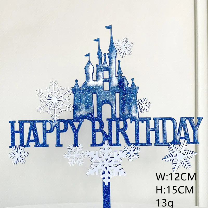 Glitter Snowflake Acrylic Happy Birthday Cake Toppers With Butterfly For Girls Birthday Party