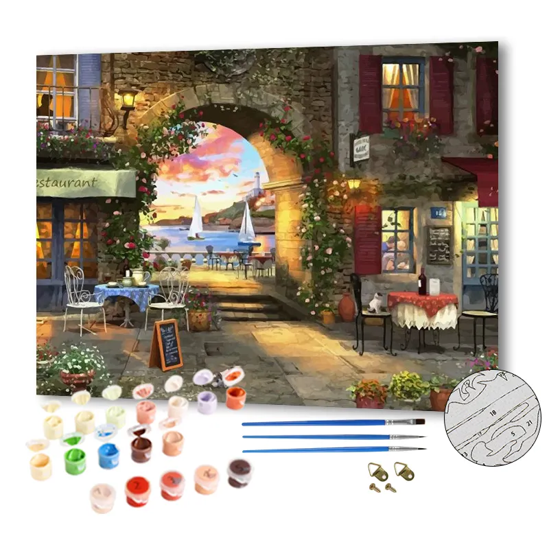 High Quality Painting by Numbers 40x50cm Romantic Street Restaurants Oil Paint by Numbers for Adults