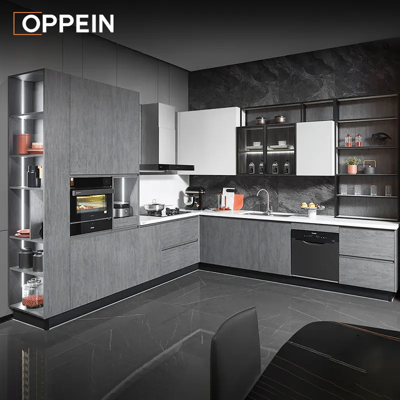 Oppein-armarios de cocina 3D de lujo, en forma de L, hechos en China, color gris claro, novedad