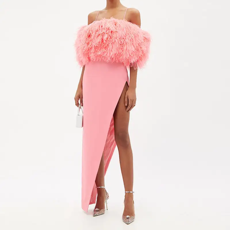 Vestidos de Noche de boda de lujo, elegantes, asimétricos, de hombro, con abertura alta, plumas de avestruz rosa, 2023