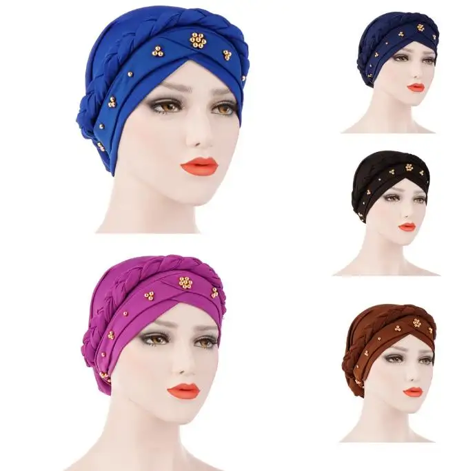 Ready to ShipIn StockFast DispatchWomen Plain Color Muslim Hat With Gold Bead Decoration Braid Turban Hat Chemotherapy Hat