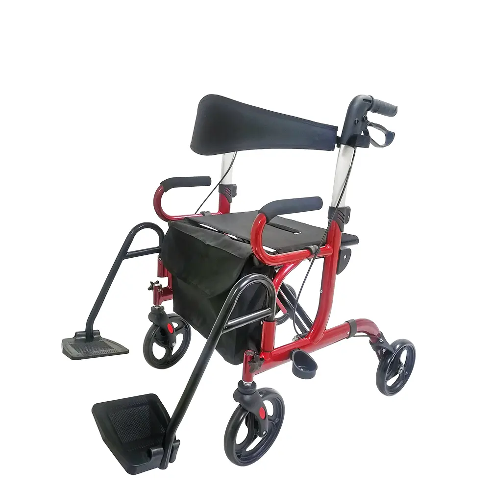 Andador de transferencia plegable 2 en 1, silla de ruedas roja con pedales