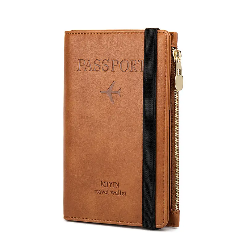 Atacado PU Leather Emboss Logo Zipper Bolsa Plane Ticket Travel Wallet Card Slots Titular do passaporte
