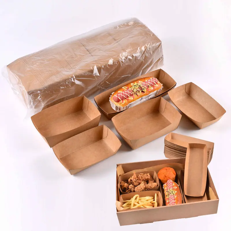 Custom Cheap Disposable Kraft Paper Chips Tray Boat Shaped Fast Food Tray