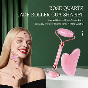 Custom Logo Rose Quartz Facial <strong>Jade</strong> Roller Guasha Kit Anti-aging Tool Crystal Stone Face Roller and Gua Sha Massage Set - Product Image 2