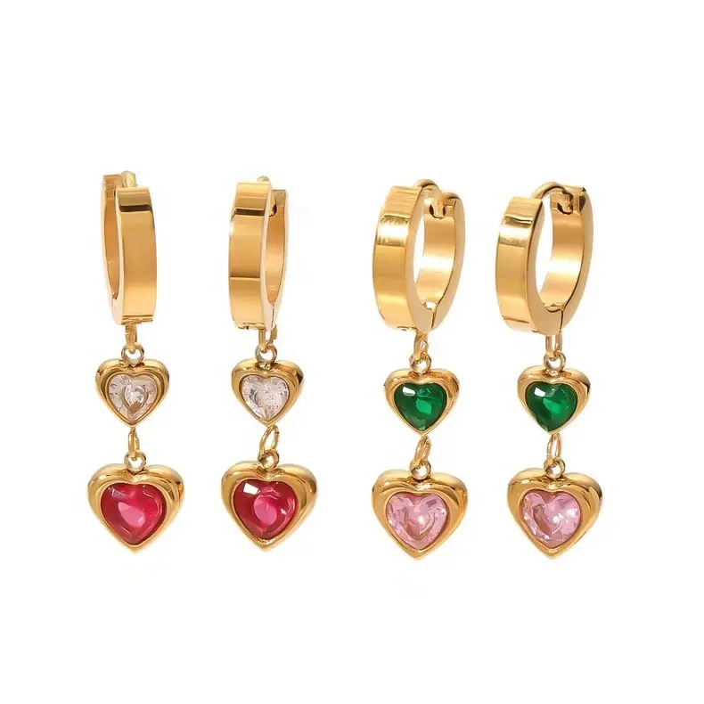 Venta al por mayor pendientes de acero de titanio de las Mujeres 18K chapado en oro de doble corazón de acero chapado en oro pendientes de circón de corazón