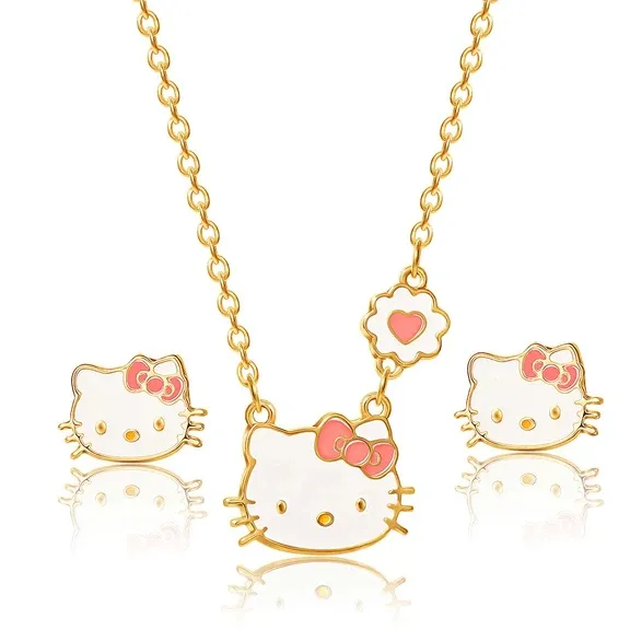 Color Kitty Girls Collar de latón y pendientes de tuerca Conjunto de joyas Oro Nuevo para niñas Chapado en rosa y Blanco 18K Cute Hello Kitty
