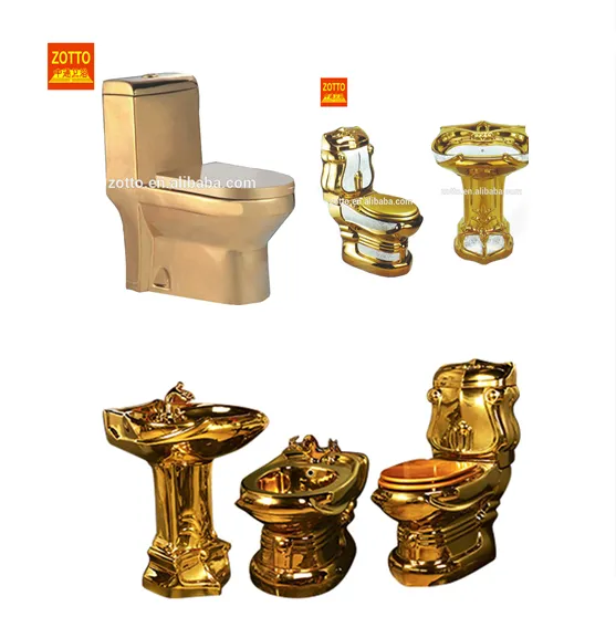 Luxury Design Ceramic Gold Plated Colored Toilets Bowl and Golden Basin Bathroom Set