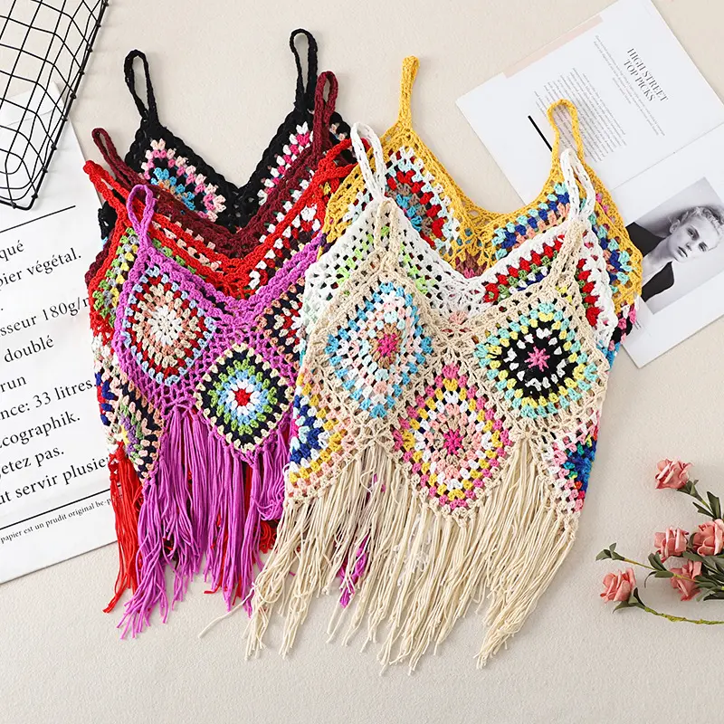 Etiqueta privada Logo Summer Granny Square Hecho a mano Crochet Fringe Crop Top Beach Cover Up Chaleco para mujer