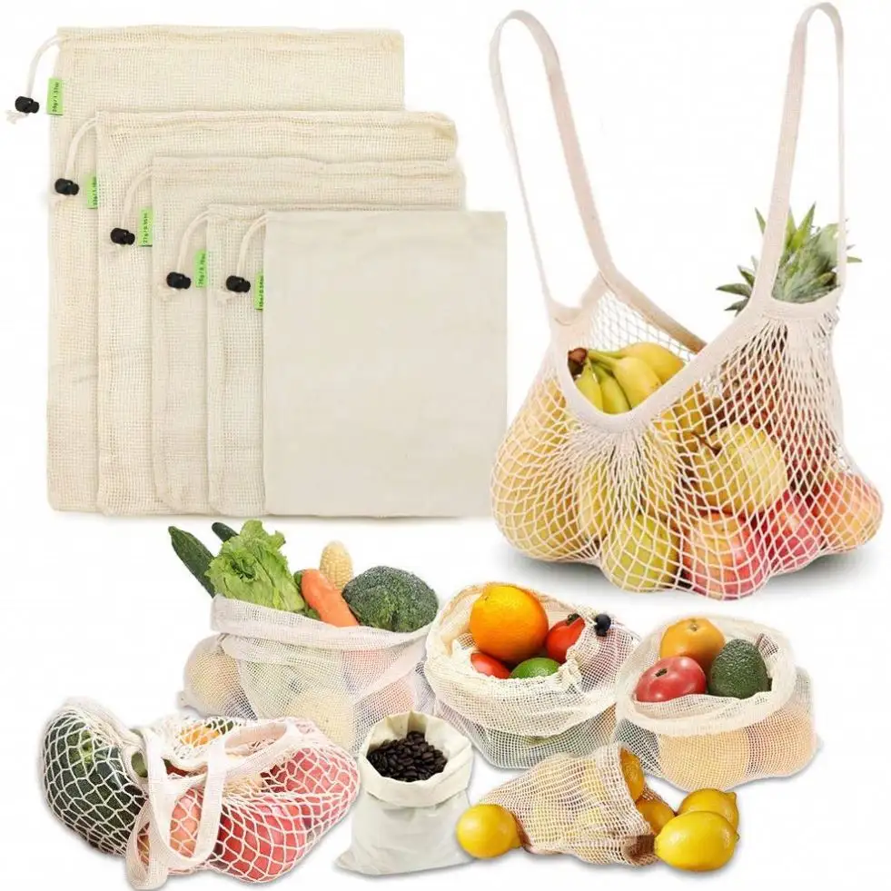 Eco-friendly Cotton Mesh Reusable Grocery Bags Net Shopping Bag With Customize Logo Printing