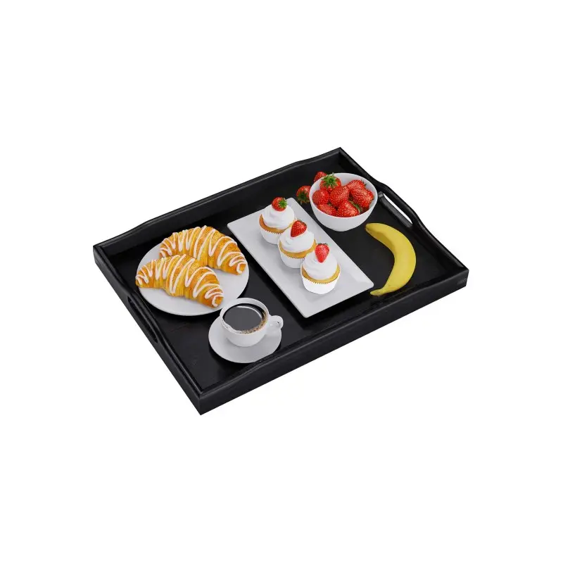 Bandeja rectangular de bambú con asa Bandeja de desayuno de madera negra para comer Trabajar y almacenar Artesanías de madera hechas a mano