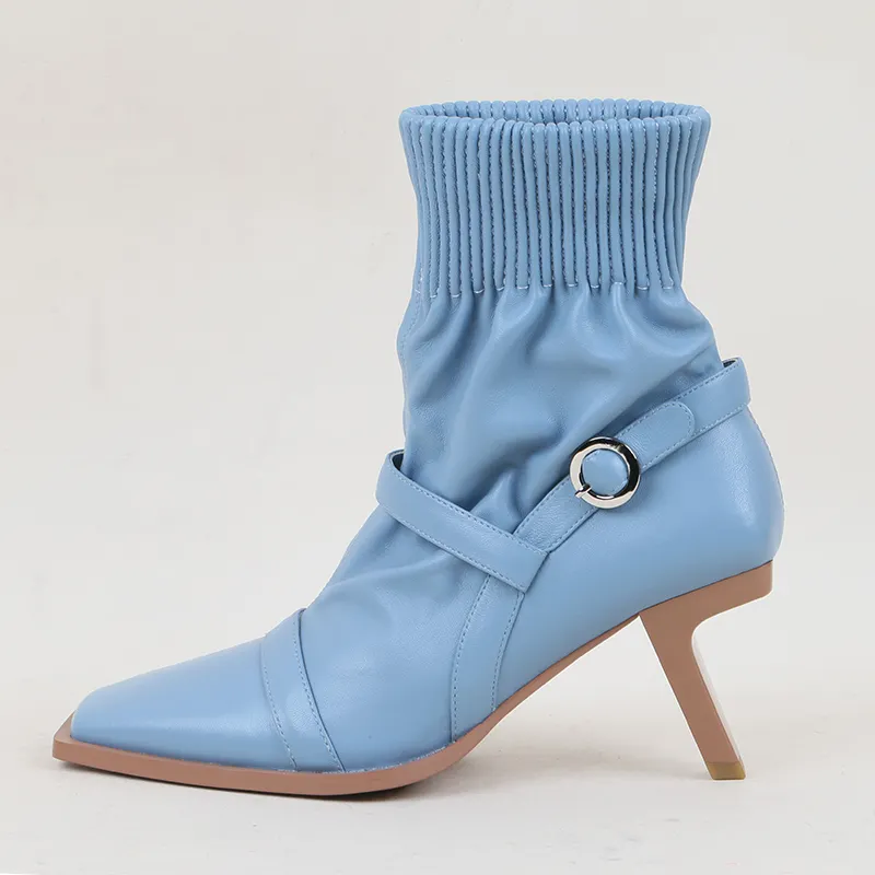 Yüksek topuk yarım çizmeler kadınlar lüks kış yeni sivri burun moda mavi toka mizaç stiletto topuklu deri kadın yüksek çizme