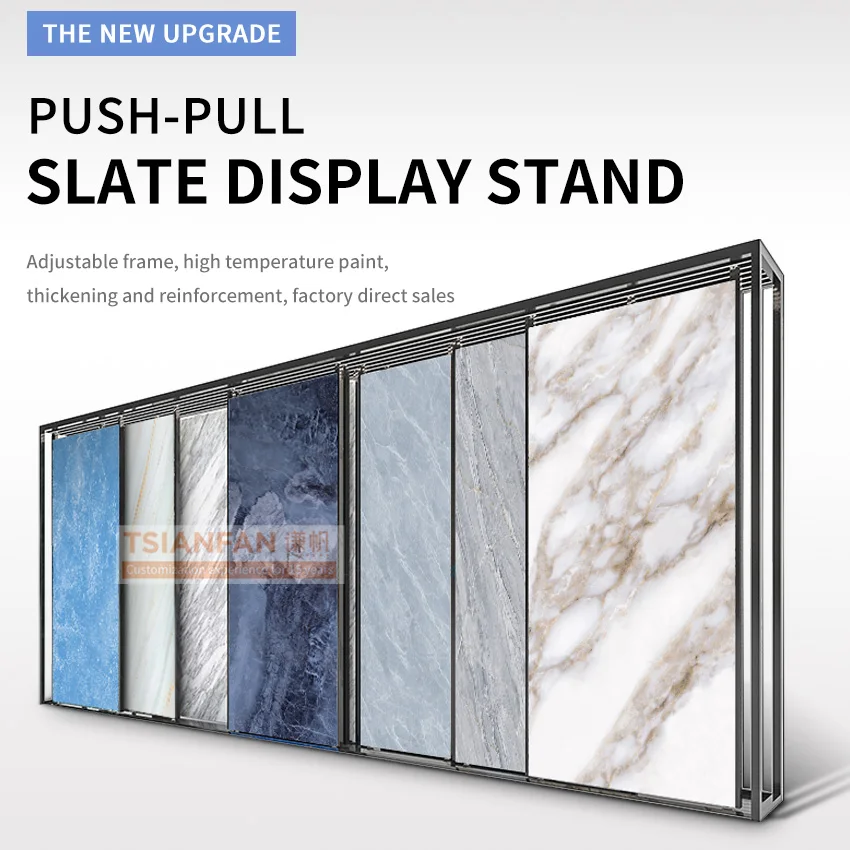 High quality large ceramic marble artificial tiles showroom  customized metal quartz sliding Natural stone display stand