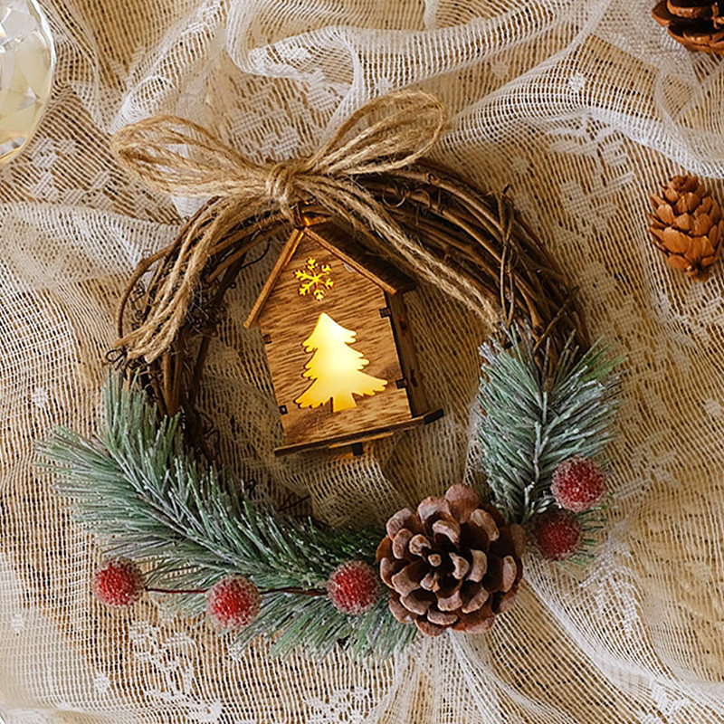 Wooden little house wreath with lights