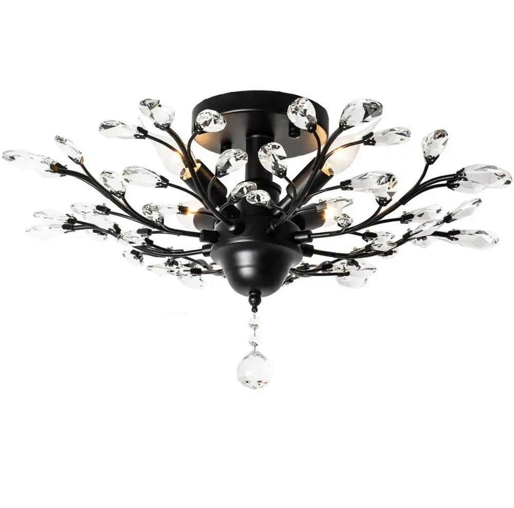 Plafonnier led noir au design Vintage, montage en surface sur panneau, éclairage d'intérieur, luminaire décoratif de plafond, 4 Branches de cristal, 160W