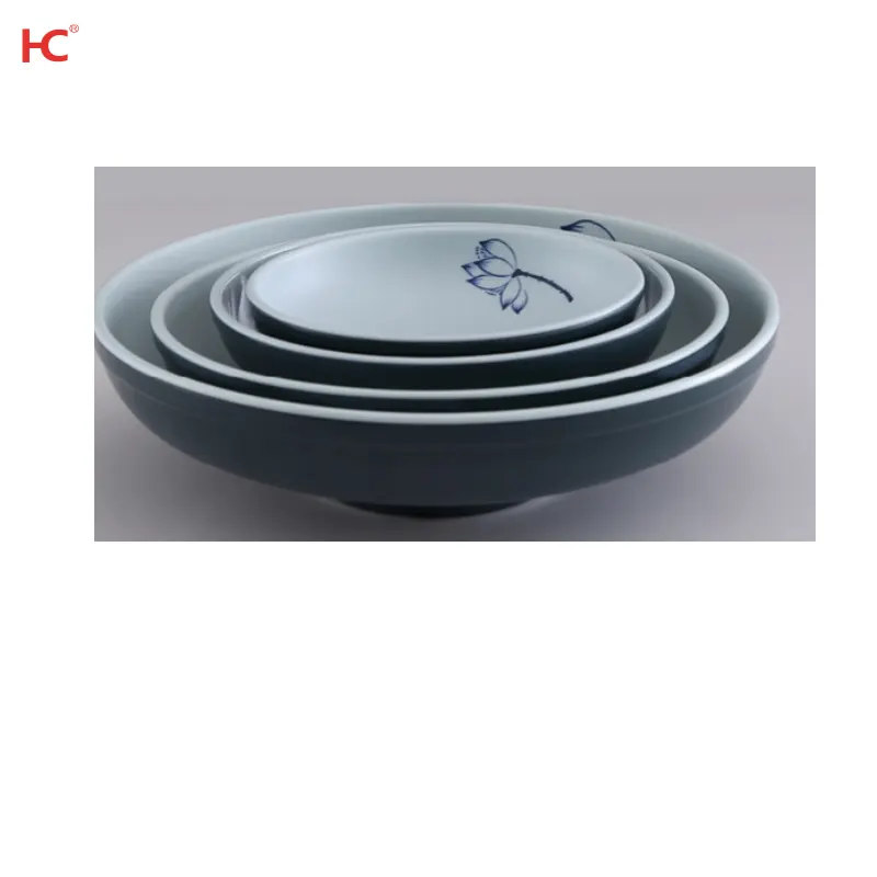 Conjunto de pratos de plástico fosco redondo para festas clássicas, conjunto de pratos de lótus chinês vermelho-branco ecológico ss030, ideal para hotéis