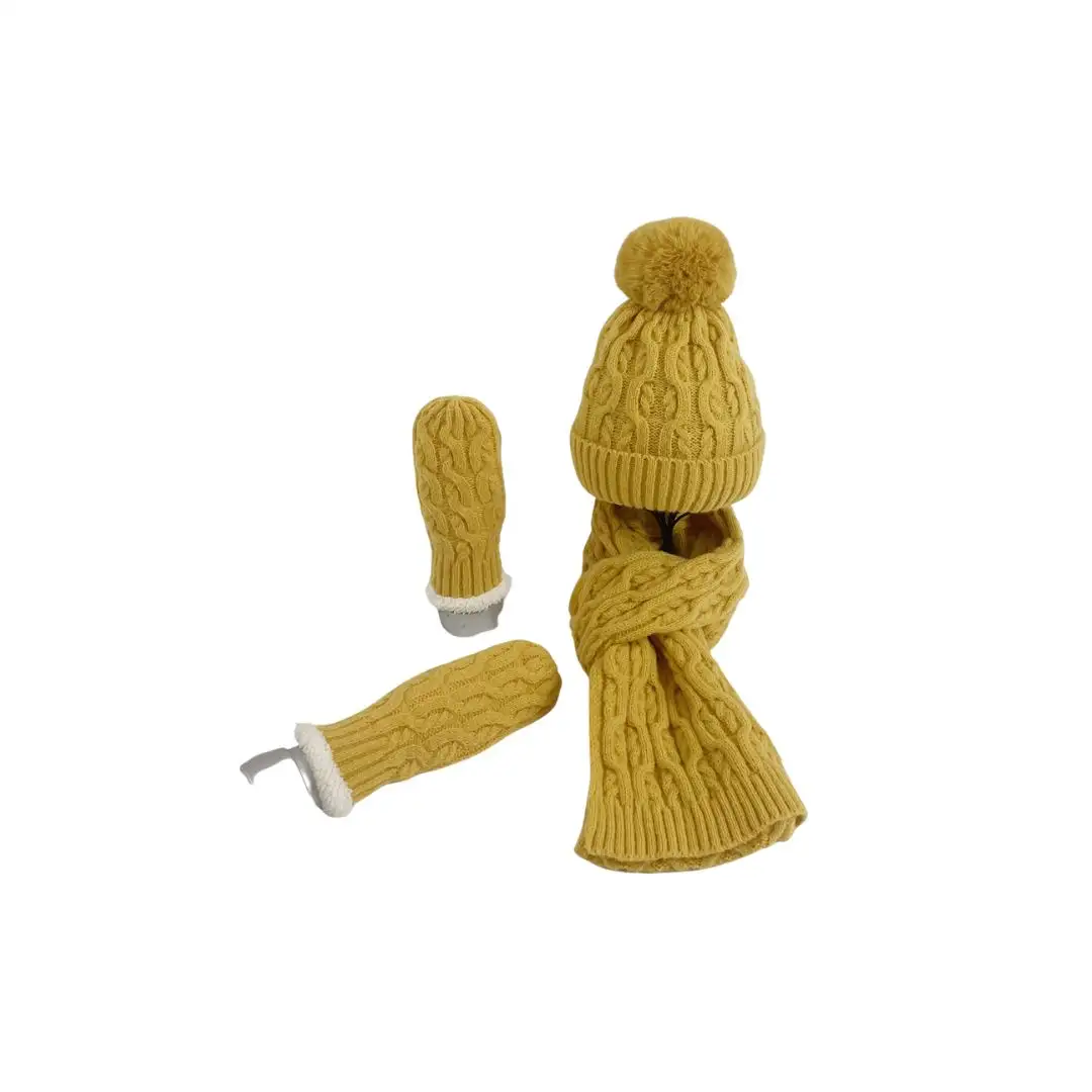 Toptan özel Logo sıcak eşarp eldiven şapka bere 3 adet Set kablo örgü kış hediye seti Pom kap dokunmatik ekran eldiveni kadınlar için
