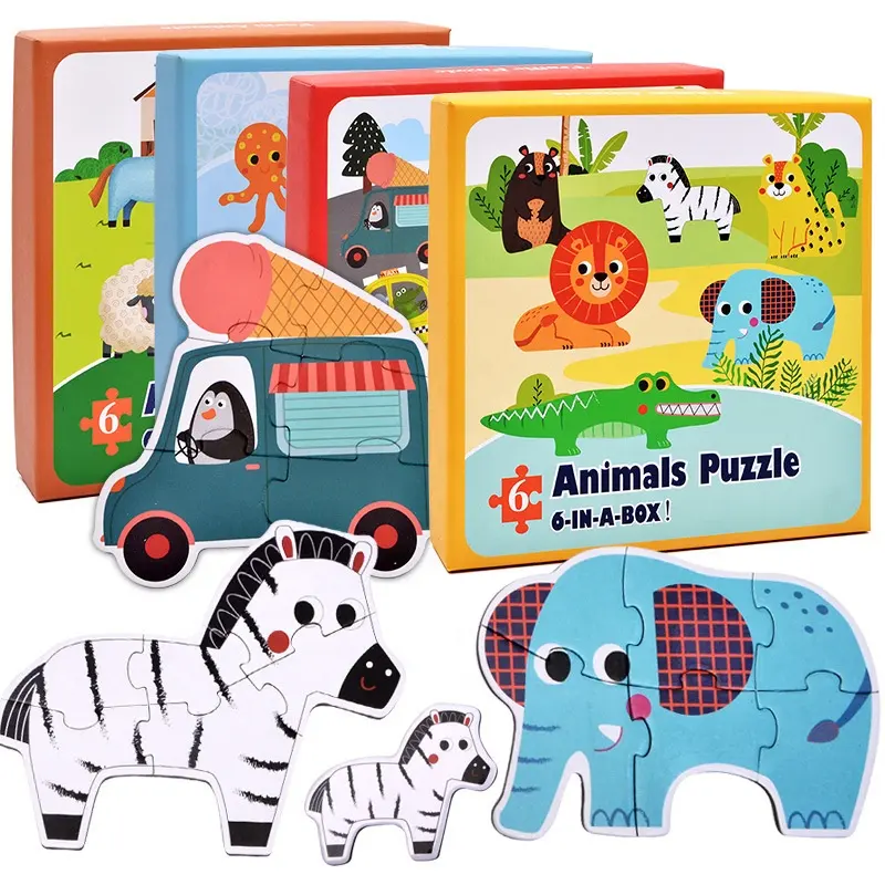 6 en caja de animales, pieza grande de tráfico, rompecabezas de papel duro a juego, juguete de desarrollo cognitivo de dibujos animados