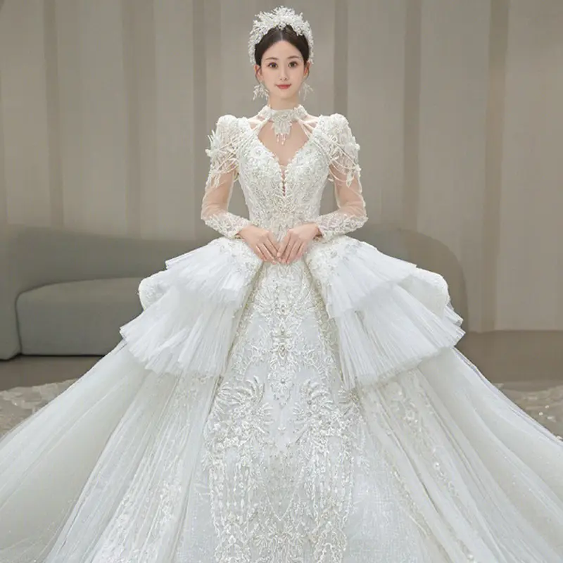 2023 manga longa vestidos de noiva roupas haute estilo francês vintage tule luxo vestidos de noiva vestido de noiva com trem