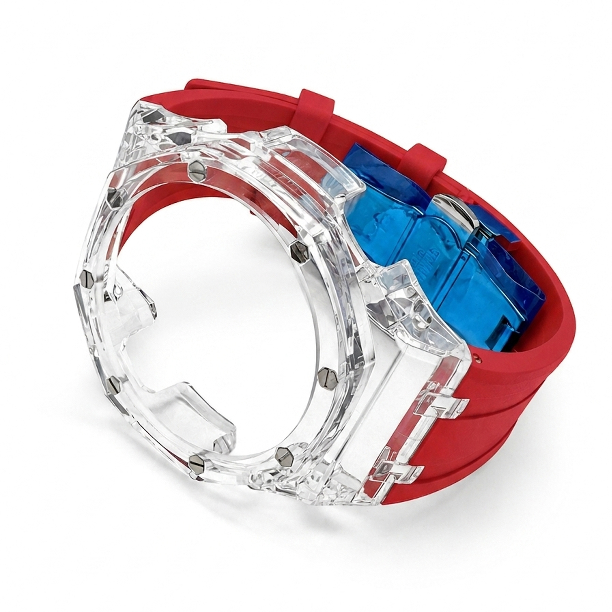 Boîtier transparent, bracelet rouge.