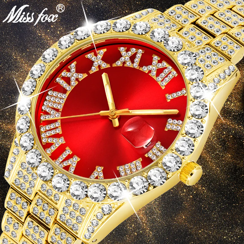 MISSFOX Montres homme Moderne Diamant Étanche Rouge Montre Hommes Top Marque De Luxe 18k Or Montres Homme Quartz Analogique montre-bracelet