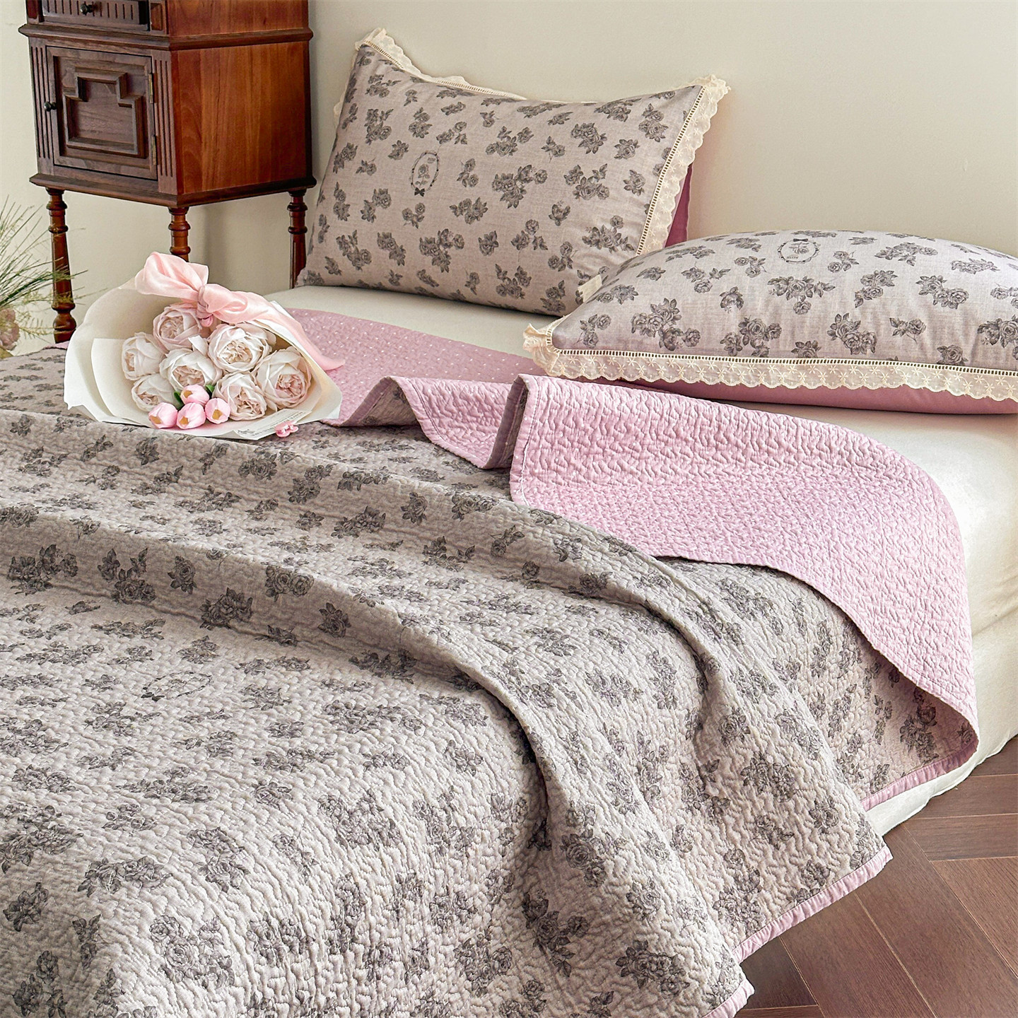 Pink floral bedspread
