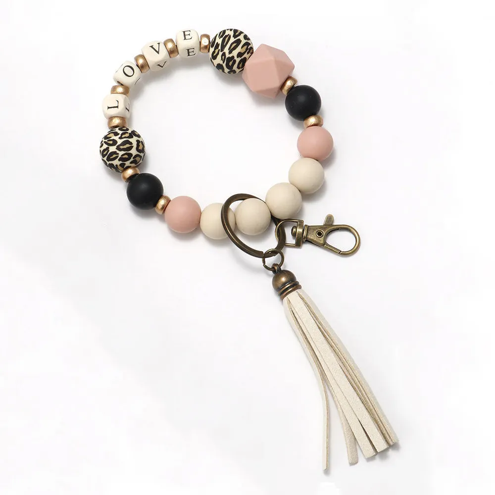 Atacado Mama Bead Wristlet Keychain Com Tassel Bonito Acessórios Do Carro Silicone Bead Madeira Pulseira de Pulso chaveiro