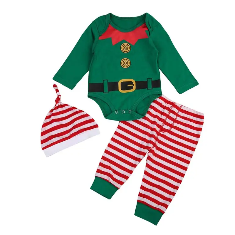 Новое поступление, одежда для маленьких мальчиков/наряд для девочки на Рождество зеленый и красный полосатый комбинезон Рождественский Эльф Костюм GCRS-014